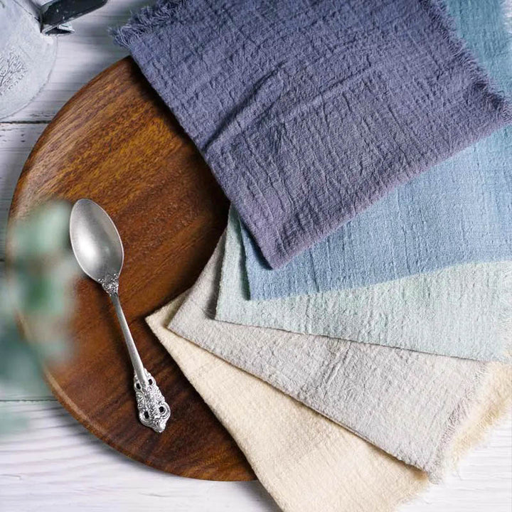 Set of pastel cotton gauze napkins in lilac, blue, mint, cream and grey, 41 × 41cm – soft, breathable and reusable table linens.