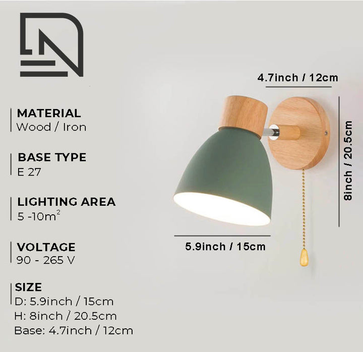 Wooden Nordic wall lamp with adjustable green iron shade, natural wood base, E27 socket, 20.5cm height, 15cm depth