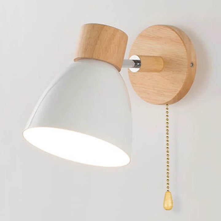 White Scandinavian-style wall sconce with wooden base, E27 fitting, perfect for cozy bedroom or hallway lighting