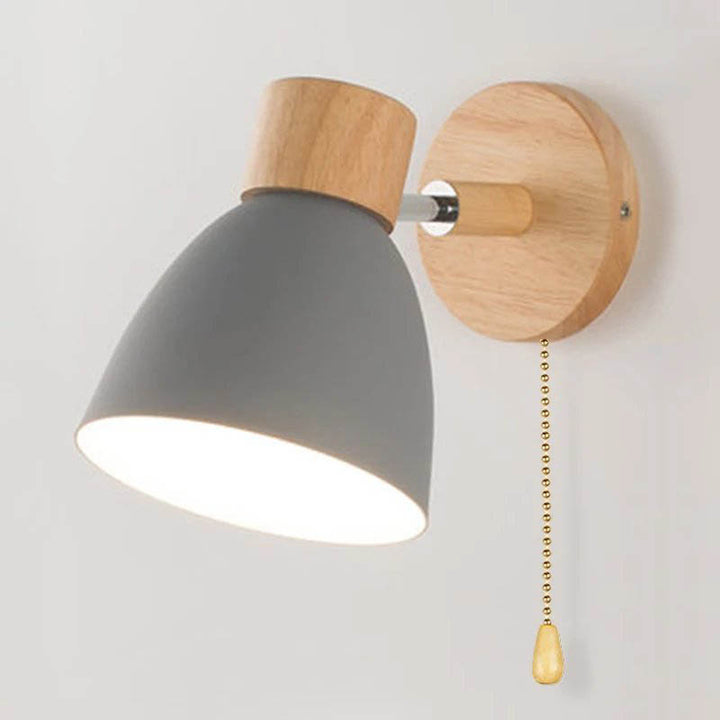 Grey Scandinavian-style wall sconce with wooden base, E27 fitting, perfect for cozy bedroom or hallway lighting