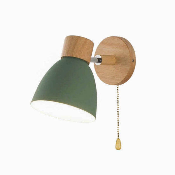 MACAROON Nordic wall lamp with green iron lampshade, natural wood base, adjustable angle, modern minimalist design