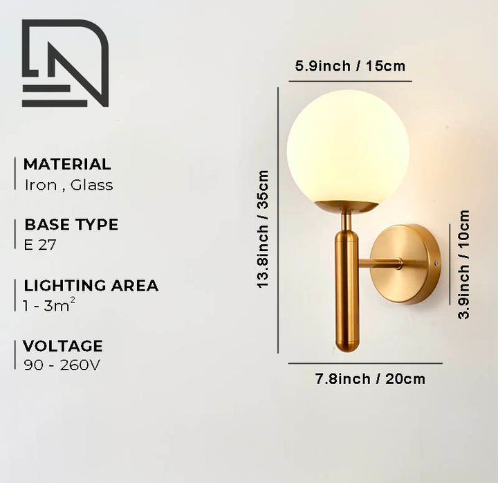 Modern glass ball wall light with a minimalist Nordic design, featuring a sleek metal base and opal glass shade for soft, ambient lighting.