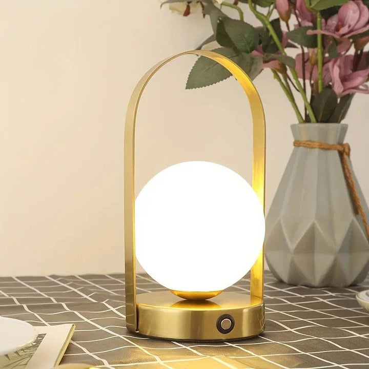 MANE white LED portable bedside lamp, soft glow, USB rechargeable night light.