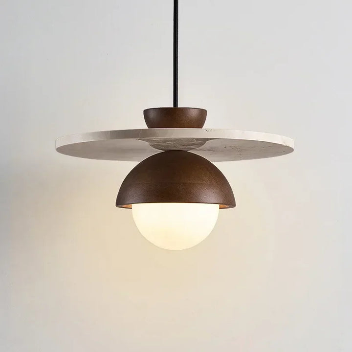 Scandinavian walnut wood and marble plate pendant light with LED globe shade