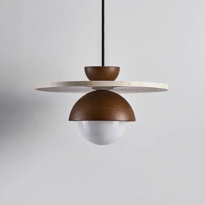 MARMOR pendant light with walnut wood dome and stone plate in modern interior
