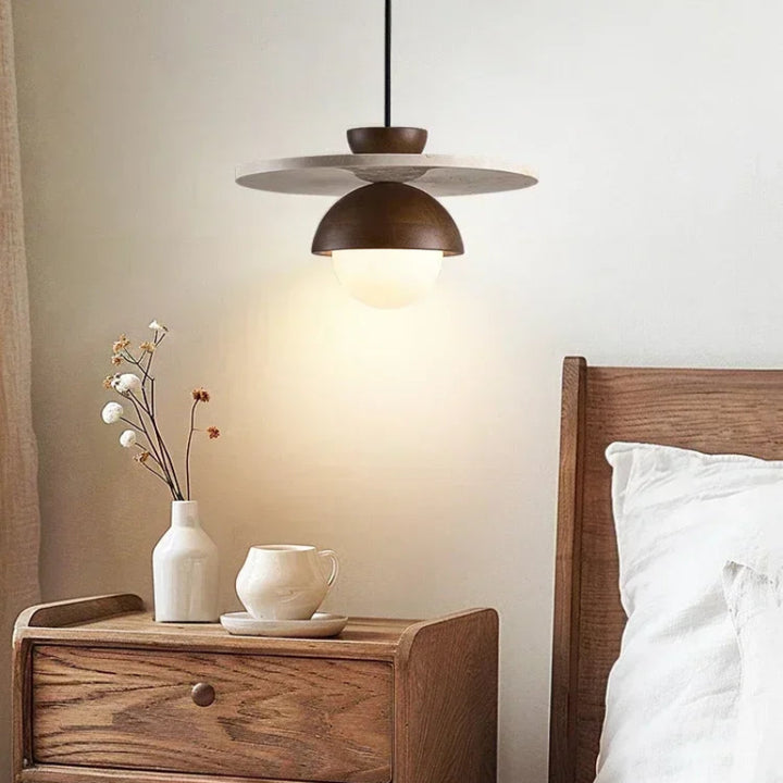 Bedroom interior with Scandinavian walnut and marble LED pendant light