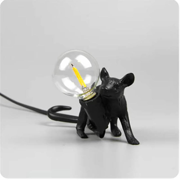 Black MUSLAMPE Art Deco mouse table lamp in lying pose, unique decorative lighting with bulb