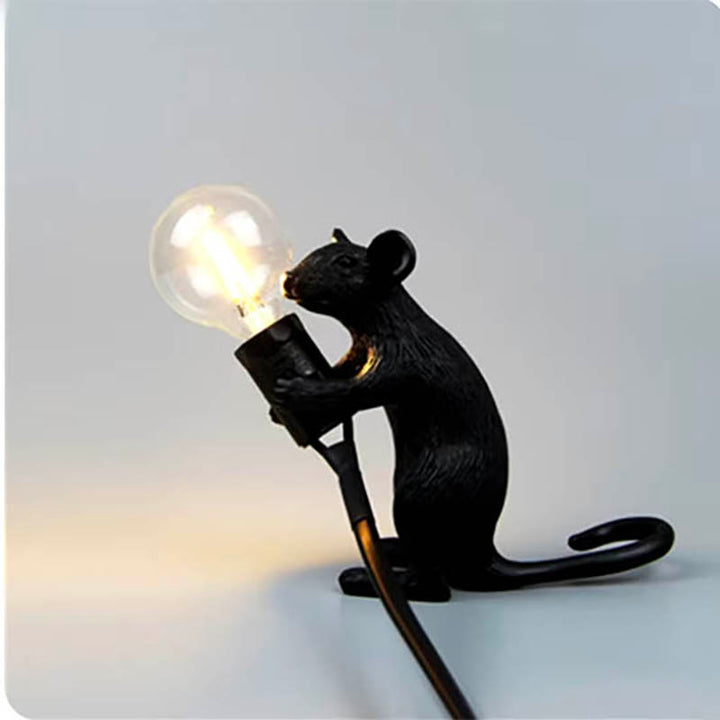 Black MUSLAMPE Art Deco mouse table lamp in sitting pose, unique decorative lighting with bulb