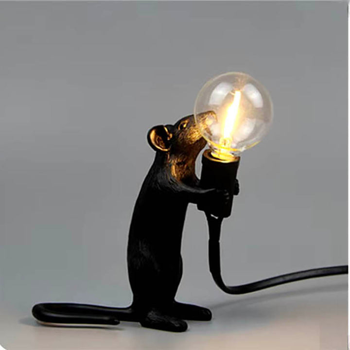 Black MUSLAMPE Art Deco mouse table lamp in standing pose, unique decorative lighting with bulb