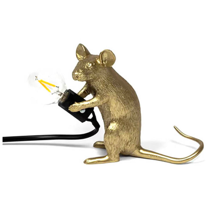 Gold MUSLAMPE Art Deco mouse table lamp in sitting pose, unique decorative lighting with bulb