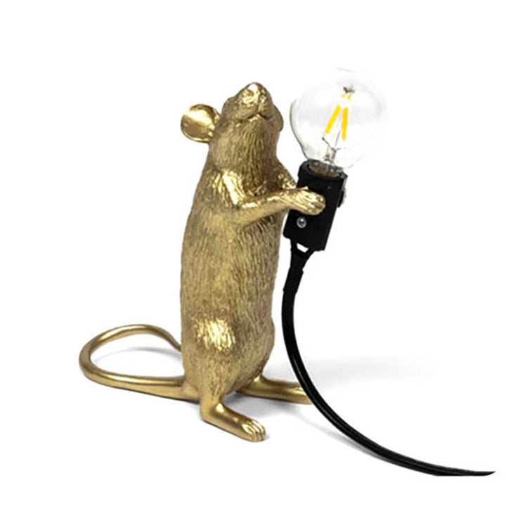 Gold MUSLAMPE Art Deco mouse table lamp in standing pose, unique decorative lighting with bulb