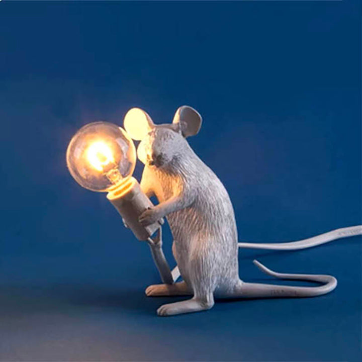 White MUSLAMPE Art Deco mouse table lamp in sitting pose, unique decorative lighting