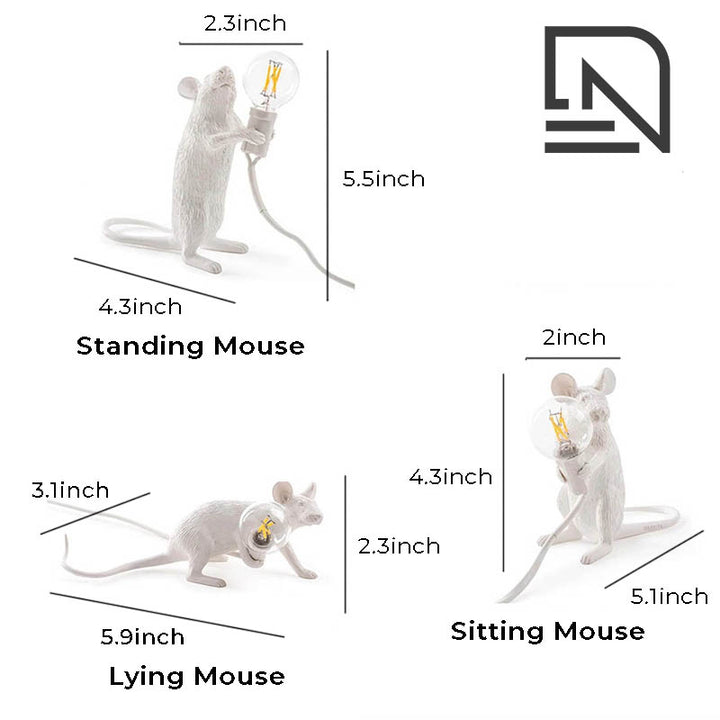 White resin mouse lamps in standing, sitting, and lying poses with LED bulbs—playful novelty lighting with exact dimensions.