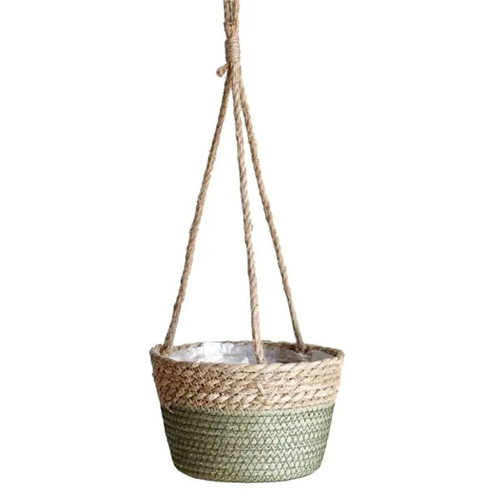Hanging plant pot with natural rope and green base on a white background