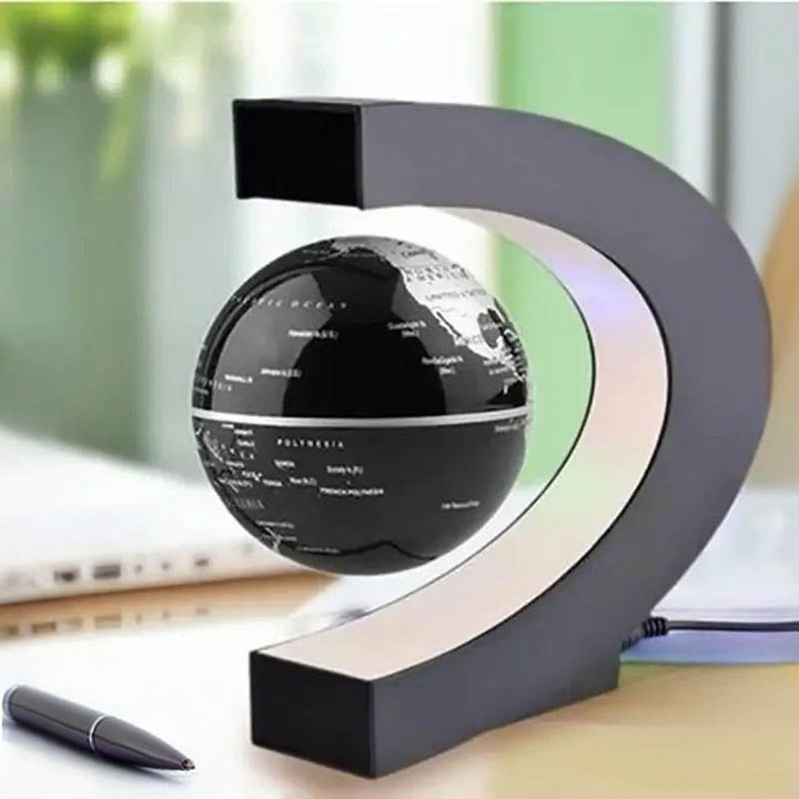 Magnetic levitation globe lamp with black floating world map, LED night light, for modern home and office desk decor