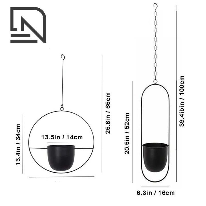 Black hanging planter with measurements on a white background