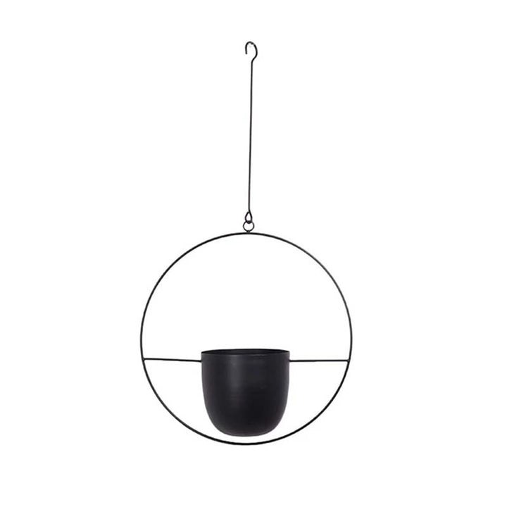 Black hanging plant pot with a circular design on a white background