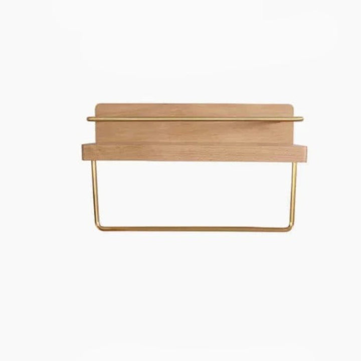 Natural bamboo wall rack with brass rail and towel bar, perfect for Japandi or Scandinavian interiors