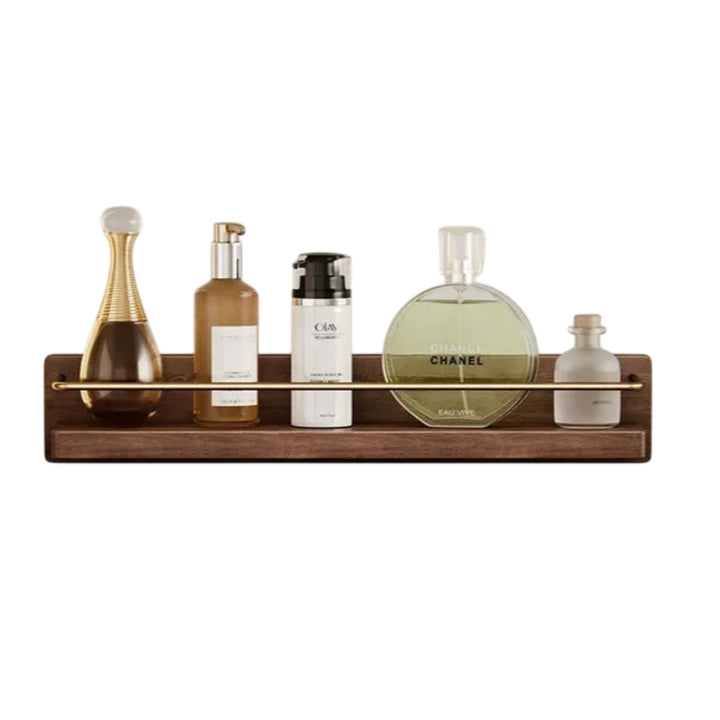 Bamboo floating shelf with brass rail, combining modern design and practical bathroom use