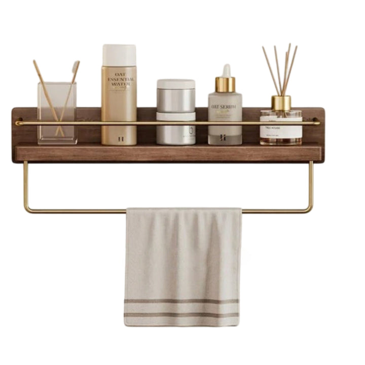 Wall-mounted bamboo shelf with brass towel holder, perfect for minimalist bathroom or vanity organization