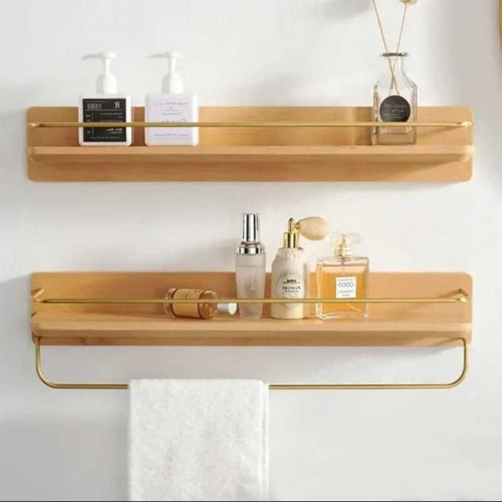 Minimalist bamboo shelves with gold accents, combining sustainable design with elegant functionality