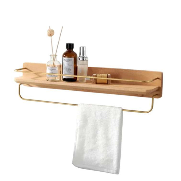 Eco-friendly bamboo shelf with towel holder, designed for compact and stylish home organization