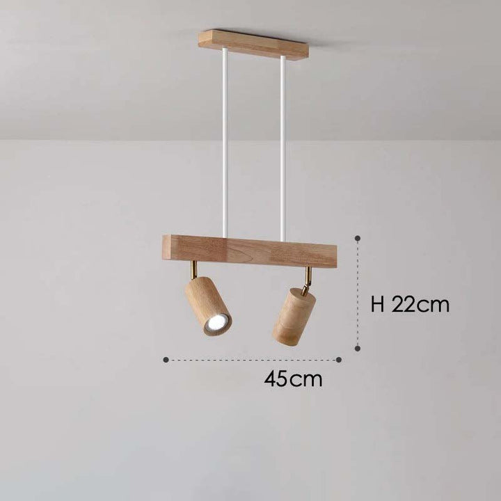 Wooden pendant light fixture with dimensions on a plain background