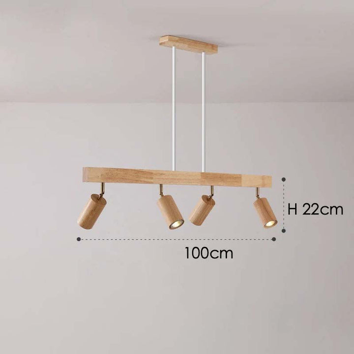 Wooden pendant light fixture with dimensions on a plain background