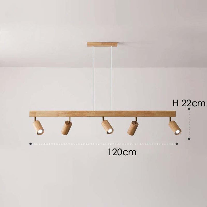 Wooden pendant light fixture with four cylindrical lights on a plain background, showing dimensions.