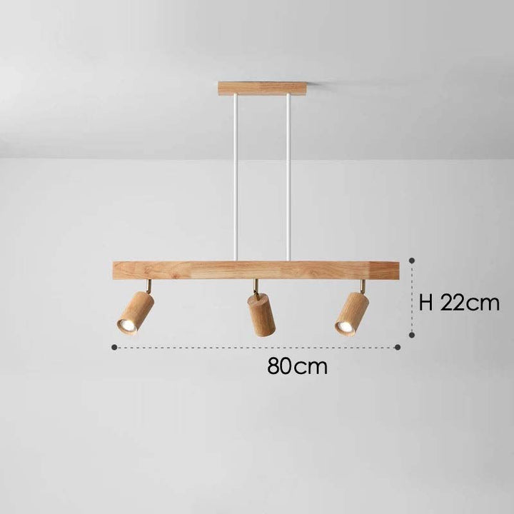 Wooden pendant light fixture with three cylindrical lights on a white background, showing dimensions.