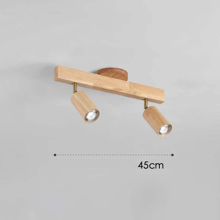 Wooden ceiling light fixture with two cylindrical lights on a gray background, showing measurement of 45cm.