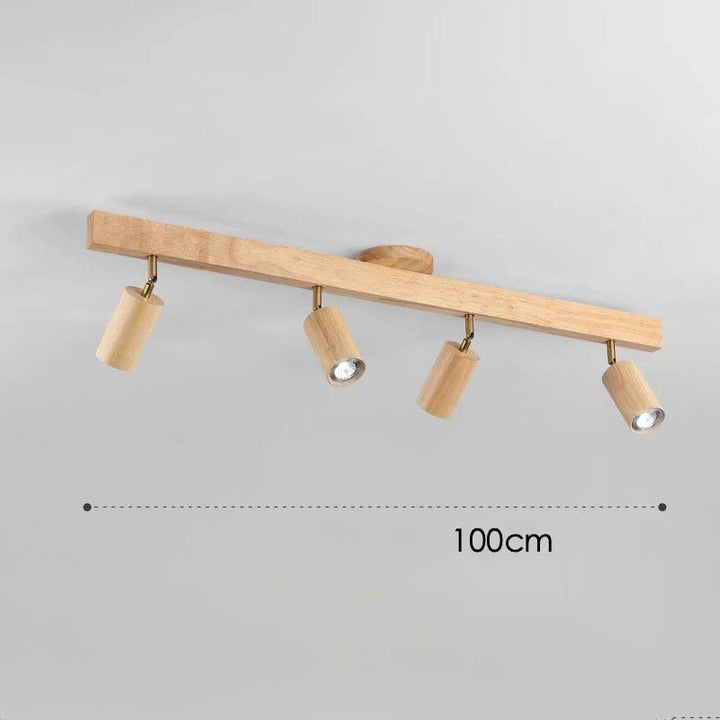 Wooden ceiling light fixture with four cylindrical lights on a gray background, showing measurement of 100cm.