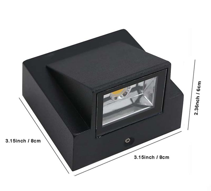 Black square light fixture with dimensions indicated on a white background