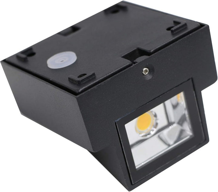 Black rectangular light fixture with a visible LED component on a white background