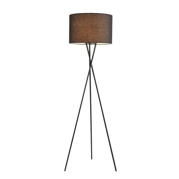 A modern fabric floor lamp with a sleek iron frame and a soft fabric lampshade, designed to provide warm and ambient lighting.