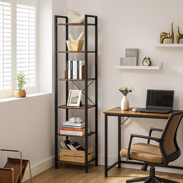 Home office setup with a modern bookshelf, desk, and chair.