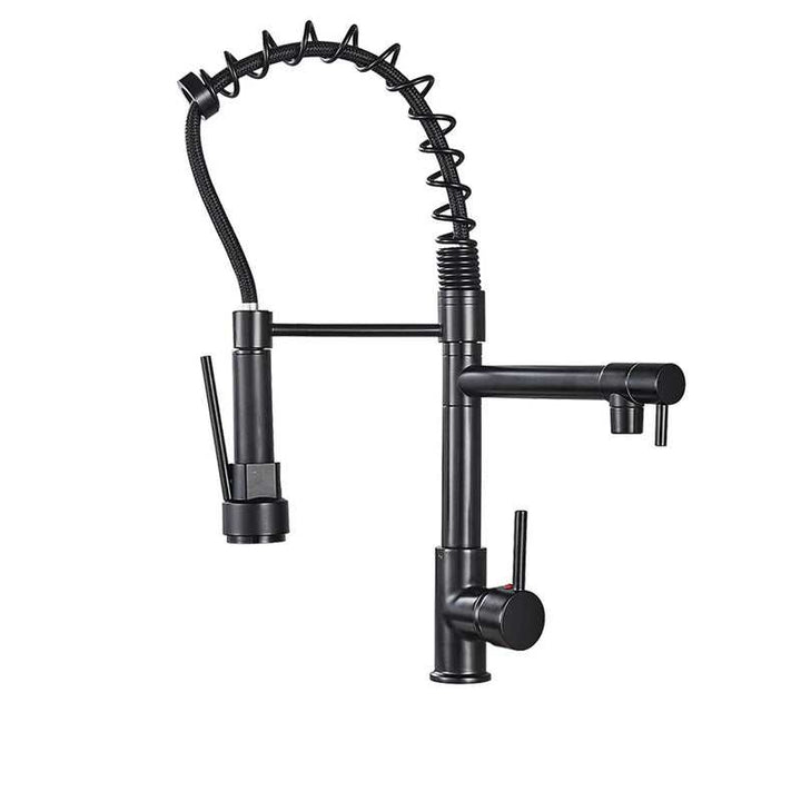 Modern matte black pull-down kitchen faucet with industrial spring neck, dual spouts, and single-handle mixer design for contemporary sinks.