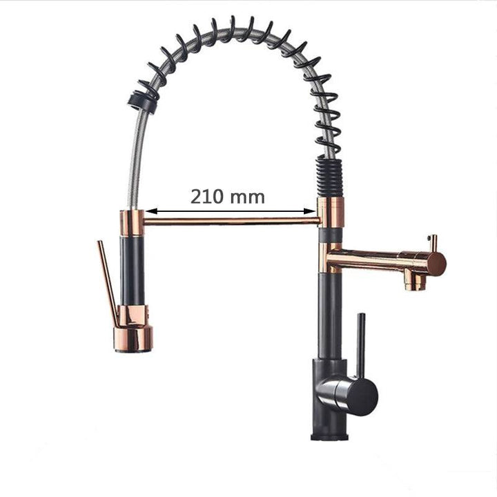 Commercial-style pull-down kitchen faucet with exposed spring coil and side pot filler arm, black and rose gold finish, measurement 210 mm.