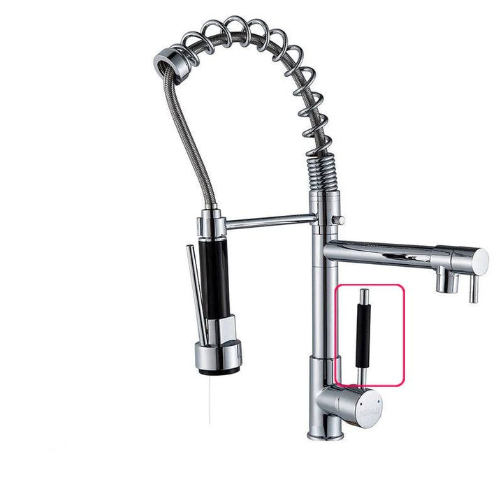 Chrome pull-down kitchen faucet with industrial spring design, black sprayer handle, and side pot filler arm.