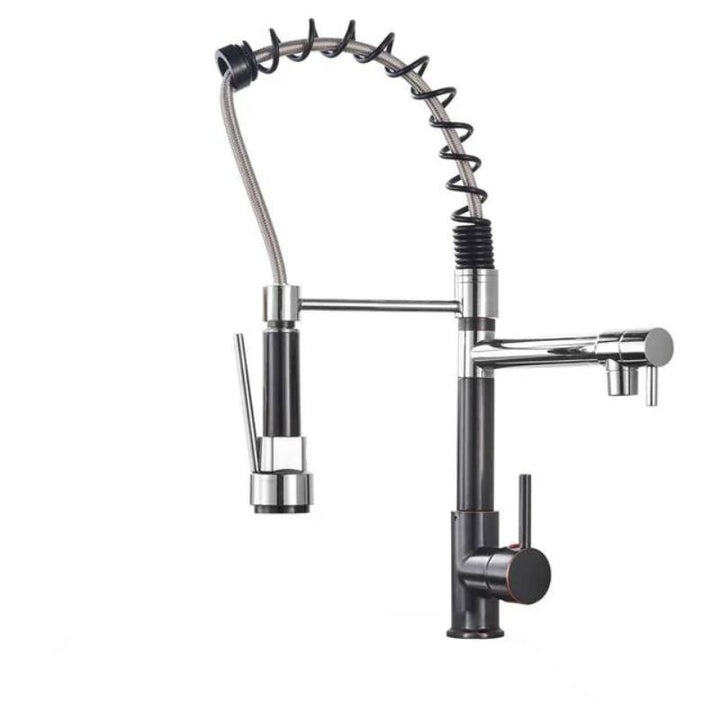 Two-tone black and chrome commercial-style pull-down kitchen faucet with dual spouts and spring coil.