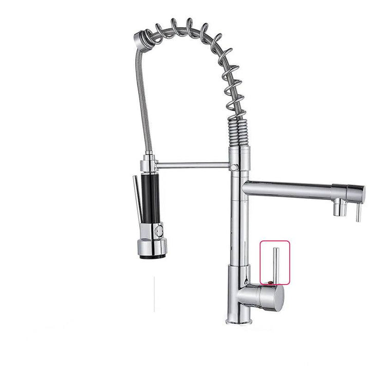 Full chrome pull-down kitchen faucet with exposed coil, side pot filler, and black sprayer handle.