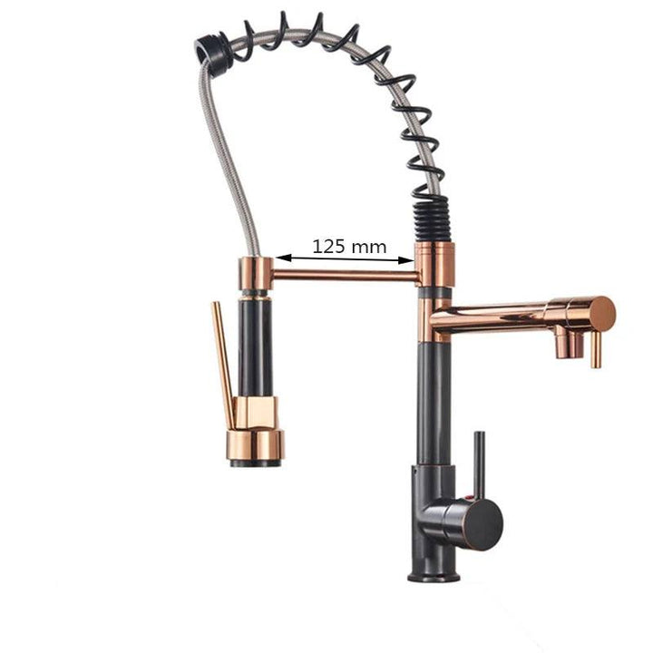 Black and rose gold pull-down kitchen faucet with spring coil, side pot filler, and 125 mm measurement label.