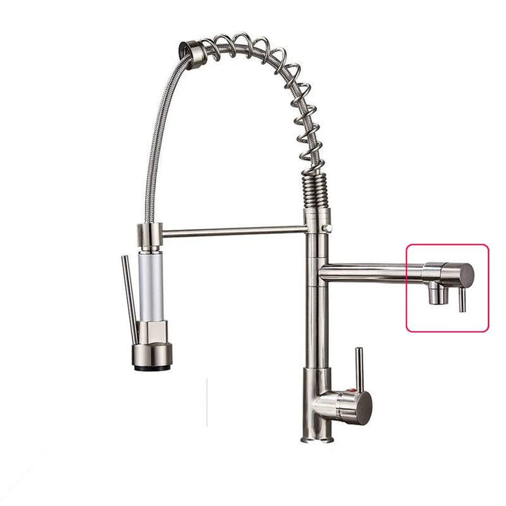 Brushed nickel commercial-style pull-down kitchen faucet with exposed spring coil and side pot filler, highlighted outlet detail.
