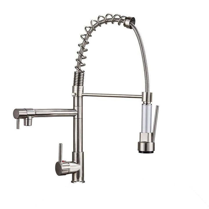 Brass kitchen faucet with a flexible hose on a white background