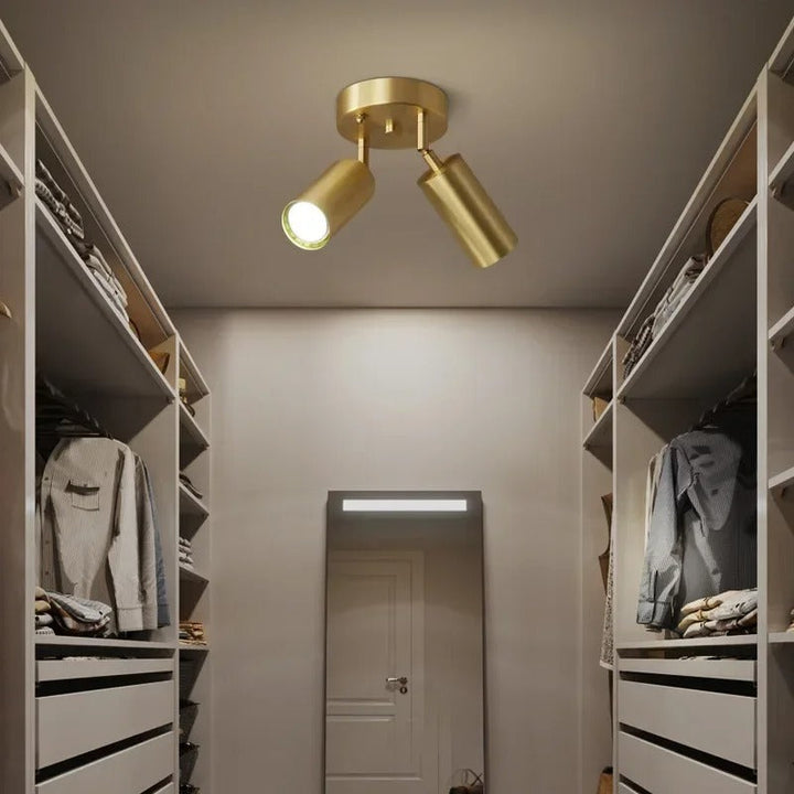 Gold ceiling light fixture in a walk-in closet with shelves and a mirror.