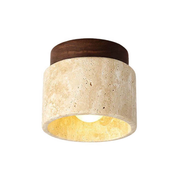 Modern ceiling light with travertine stone shade and walnut wood base, compact design, perfect for hallway or bedroom lighting