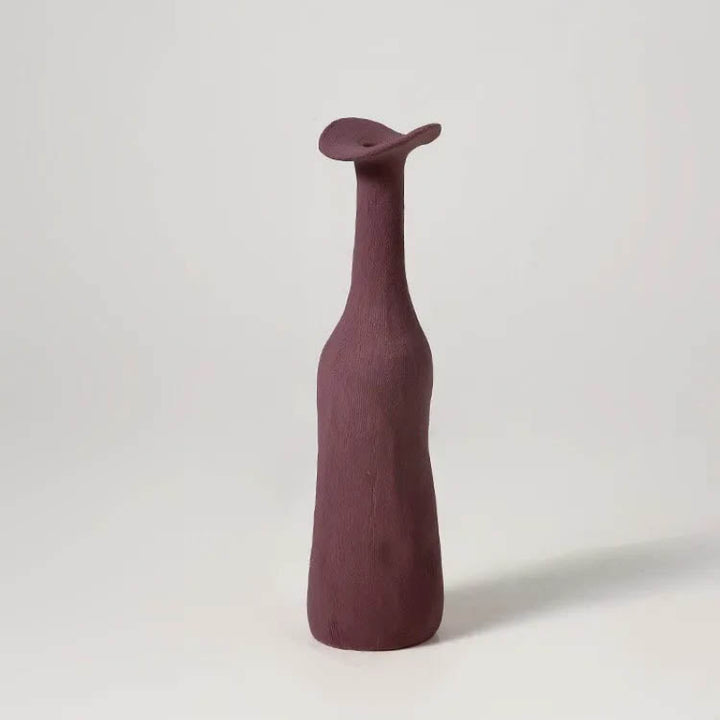 Tall matte plum ceramic vase with wavy rim, elegant Morandi art design for modern UK homes