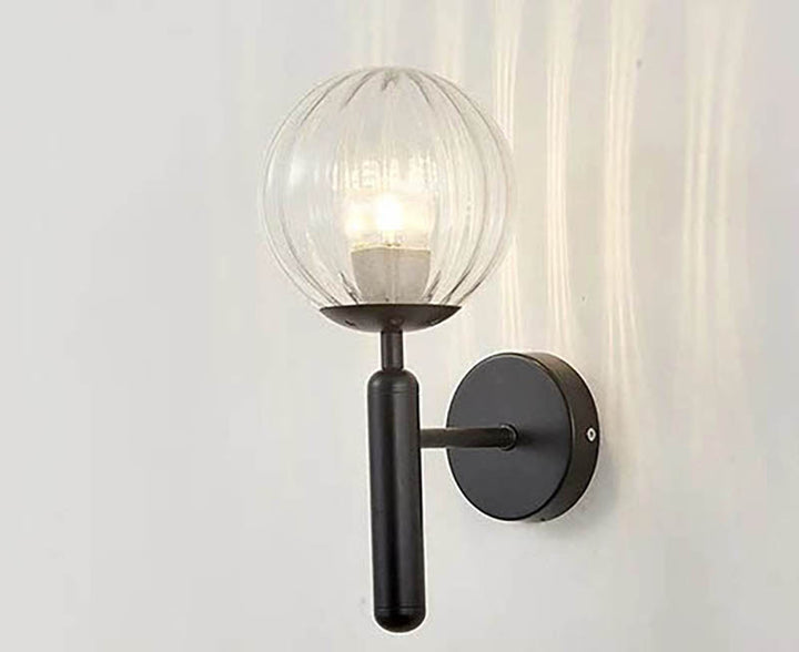 MAELKEBOLD modern glass ball wall light, black Nordic LED sconce with clear ribbed glass