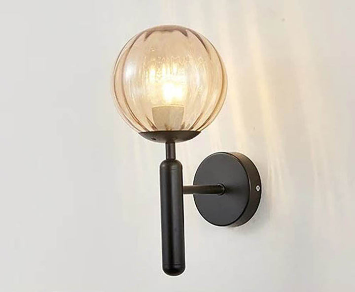 MAELKEBOLD modern glass ball wall light, black Nordic LED sconce with amber ribbed glass