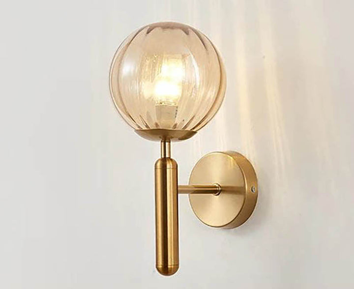 MAELKEBOLD modern glass ball wall light, golden Nordic LED sconce with amber ribbed glass